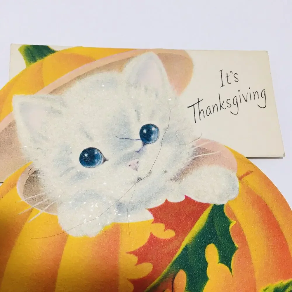 Vtg Norcross Thanksgiving Greeting Card Kitten Kitty 1940's Pumpkin Rare Unused